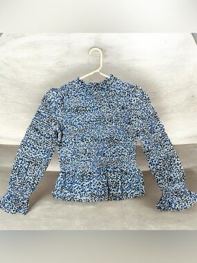 Express Blue and Black Smocked Peplum Blouse